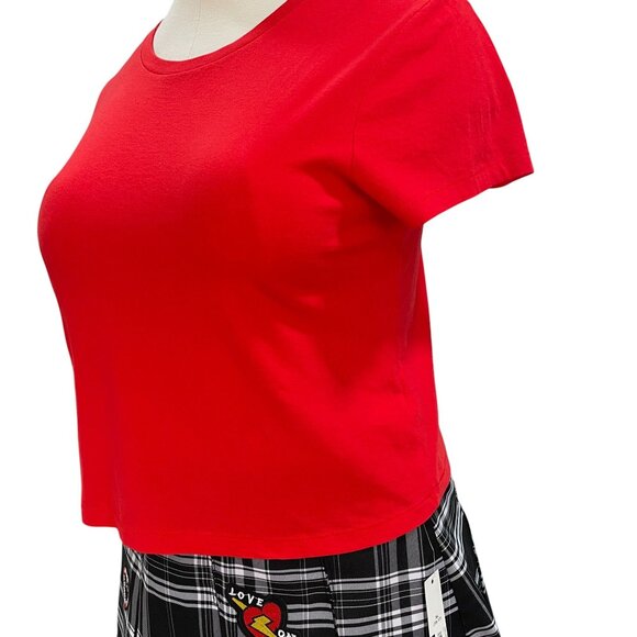 Red Crop Tee & Plaid Pleated Skirt Set XL – Preppy Y2K Grunge Style with Patches - Picture 9 of 16